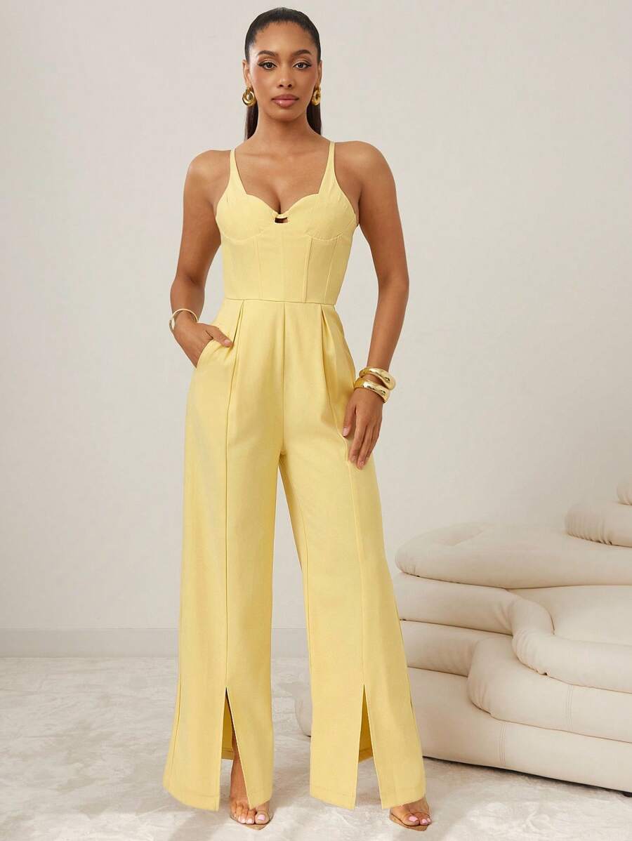 Vixey Bộ đồ liền thân ống rộng xẻ tà ngực và eo xếp ly - Màu vàng - Xem 1