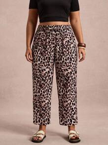 SHEIN VCAY Plus Size Women Casual Fashion Street Leopard Print Knot Elastic Waist Straight Leg Pants Leopard Print Pants Animal Print Pants - Coffee Brown - View 5