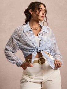 SHEIN VCAY Plus Size Women's Drop Shoulder Long Sleeve Striped Shirt,Blue And White,Summer,Smart Casual,Vacation,Holiday Single-Breasted Pocket Button Up Tops - Blue and White - View 6