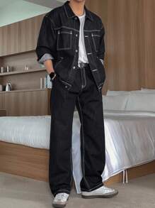 DAZY 男士黑色装饰线条夹克，秋季服装 - 黑色 - 查看 1