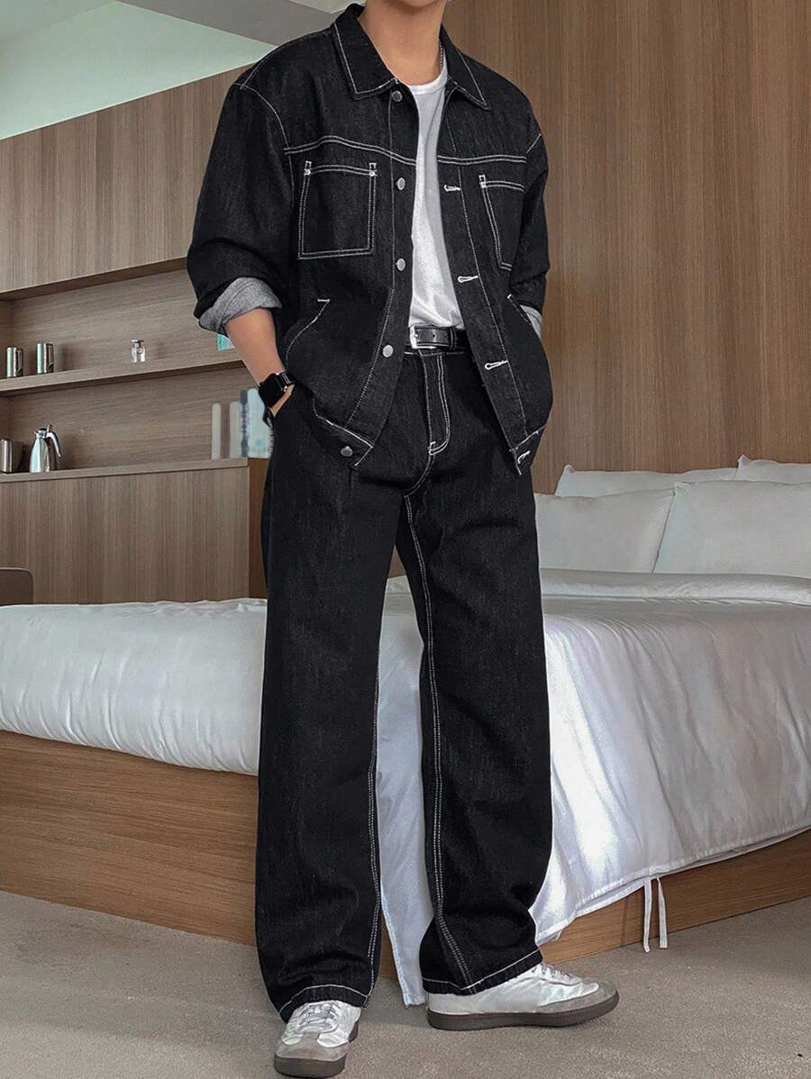 DAZY 男士黑色装饰线条夹克，秋季服装 - 黑色 - 查看 1