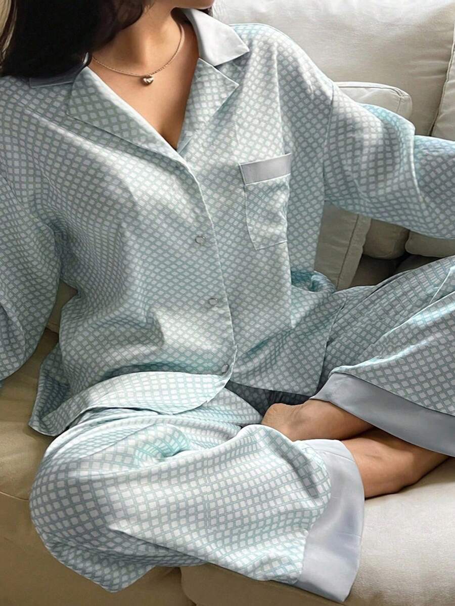 Dazy Plus 2 Peças Conjunto de Pijama Solto com Gola de Lapela e Estampa Xadrez Colorblock, Roupa de Casa Plus Size, Roupas de Outono - Azul - Visão 1