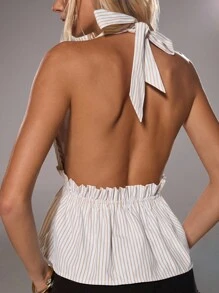 TRNVIE Women's Striped Ruffle Trim Plunge Neck Sexy Camisole - White - View 2