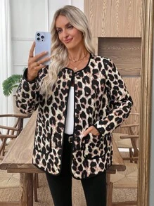 EMERY ROSE 女士时尚豹纹双口袋夹克，秋冬女士冬装冬季外套冬季外套女士冬装女士冬季外套女士冬装女士秋季服装 - 棕色 - 查看 5