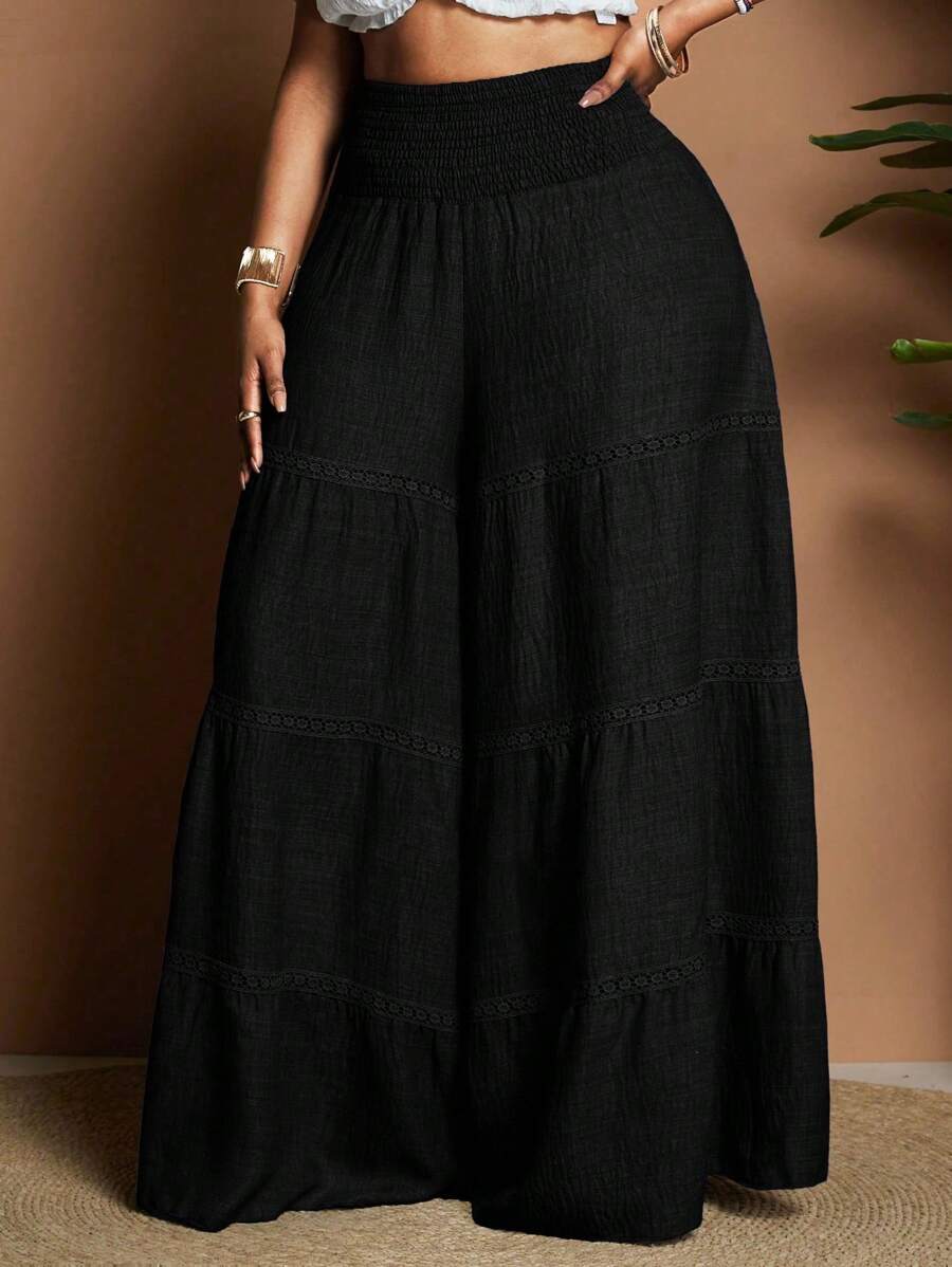 Maweii Plus Size Casual Solid Color Wide Leg Pants Fall Cloth For Women - Black - View 1