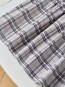 SHEIN 少女 2 件套泡泡袖纯色上衣和格子印花分层下摆裙，优雅，夏季，珍珠装饰领口，简约风格 - 黑與白 - 查看 7