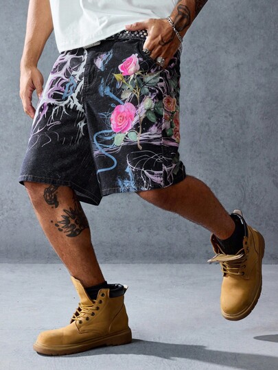 Street Life Men's Floral Print Pocket Loose Denim Shorts