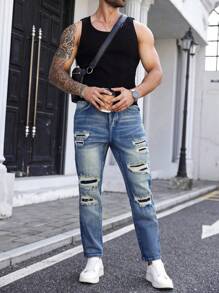 Manfinity LEGND Plus Size Men's Street Fashion Casual Patchwork Ripped Straight Slim Fit Blue Jeans - Medium Wash - View 5