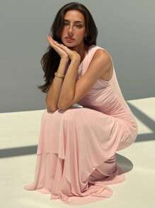 Aloruh Women's Plain Round Neck Ruched Hem Sleeveless Casual Dress, Summer