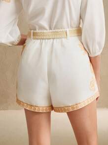 Anewsta Women's Digital Print Shorts With Belt, Stylish Commuting Versatile Casual & Holiday Bottoms - White - View 3