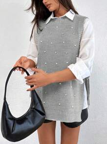 EURMUSE Round Neck Sleeveless Sweater With Pearls - Light Grey - View 3