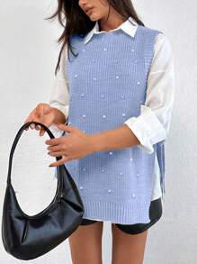 EURMUSE Round Neck Sleeveless Sweater With Pearls - Baby Blue - View 3