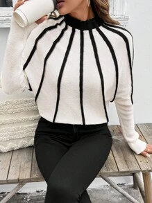 SHEIN LUNE Suéter de cuello alto de manga larga con contraste de color, jersey de punto de otoño/invierno - Blanco y Negro - Ver 7