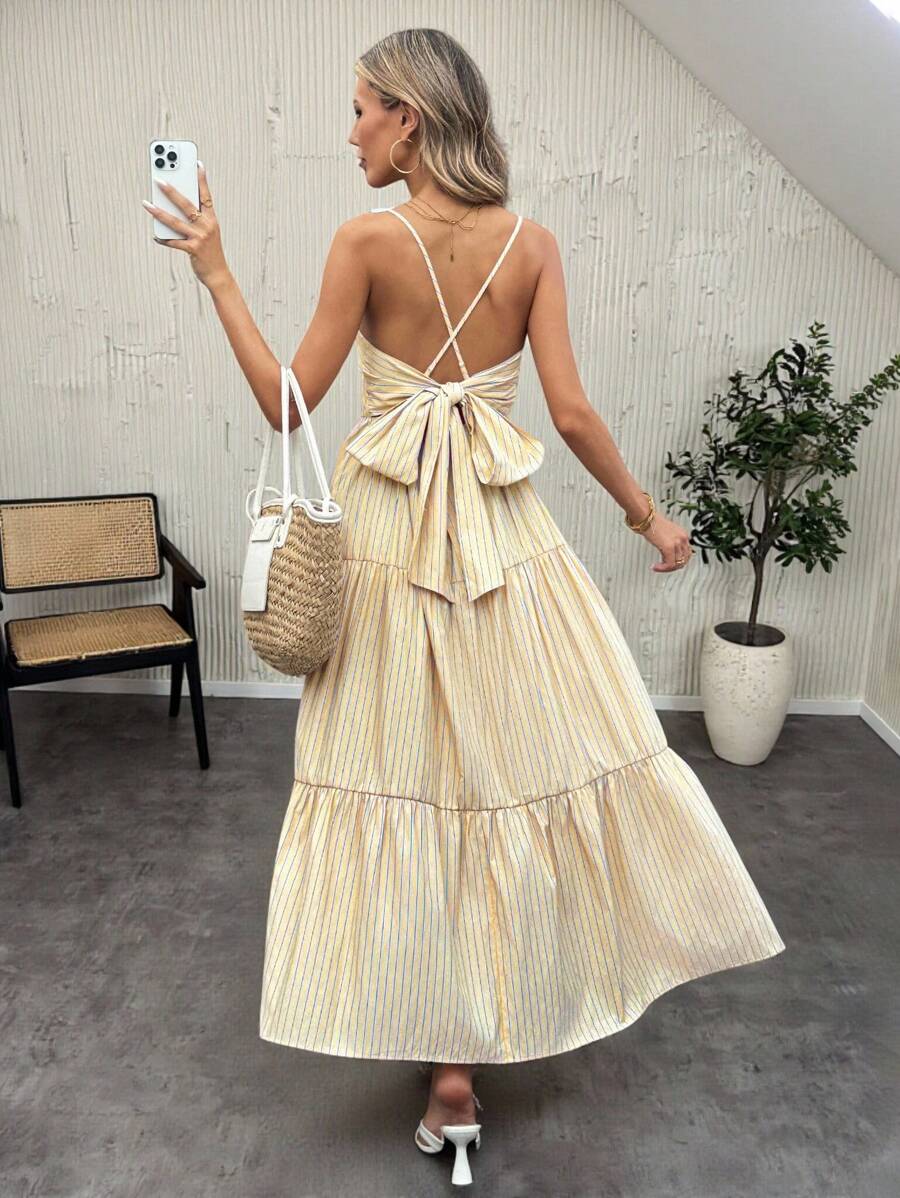 SHEIN LUNE Váy dài buộc nơ trang trí thường ngày mùa xuân và mùa hè Váy mùa hè dành cho nữ - Màu vàng - Xem 1