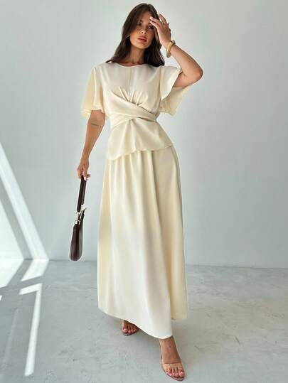 Firerie Women's Elegant Casual Commuter Apricot Round Neck Ruffle Short Sleeve Fitted Blouse Top & A-Line Loose Skirt 2 Pieces Set