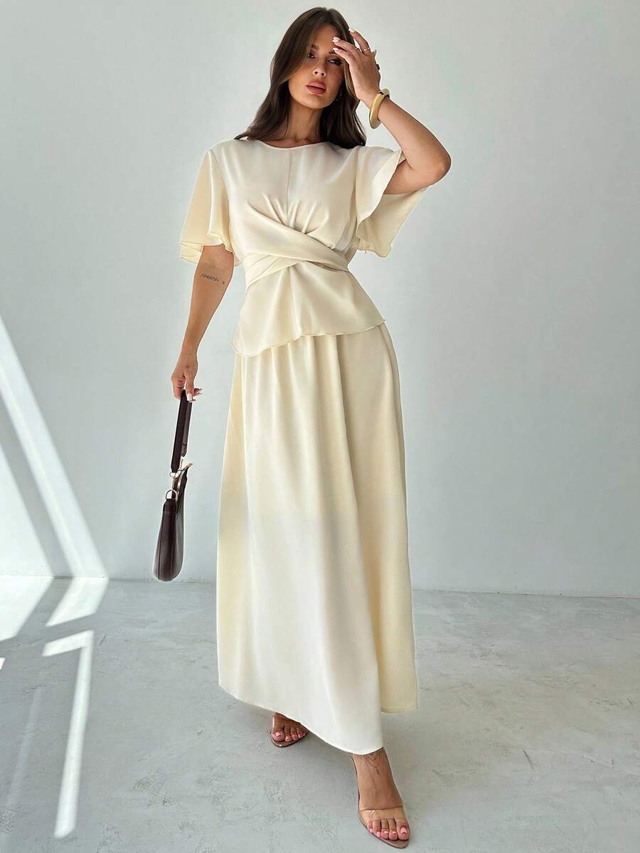 Firerie 女士优雅休闲通勤杏色圆领荷叶边短袖修身衬衫上衣和 A 字宽松短裙 2 件套 - 杏色 - 查看 1