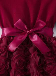 Glamorique Kids Girls' Solid Color Round Neck Pearl Puff Sleeve 3D Flower Elegant Summer Dress With Belt