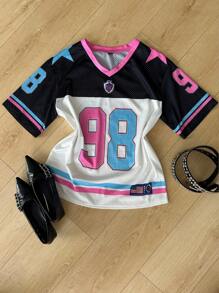 Coolane 女式休闲撞色拼接数字印花T恤，夏季