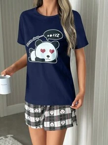 EURMUSE Bộ đồ ngủ mặc nhà tay ngắn họa tiết gấu trúc và khẩu hiệu bằng cotton - Màu xanh hải quân - Xem 4