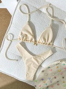 Swim Mod Bộ bikini gợi cảm màu trơn dây mảnh kim loại trang trí cho nữ, mùa hè - Màu be - Xem 2