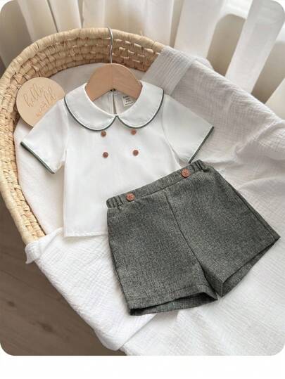 2pcs/Set Cute Baby Boy Casual Summer Polo Collar Shirt And Shorts Set, Gentleman Outfits Suitable For Birthday Party, Evening Party, Performance, Wedding, Baby Shower, One Month Birthday, Baptism And First Birthday Celebration
