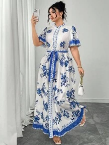 Modelyn Đầm suông họa tiết hoa tay bèo nhún thanh lịch mặc hàng ngày cho nữ cỡ lớn - Màu xanh lam - Xem 6