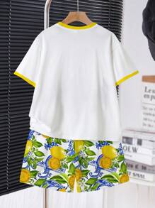 SHEIN 青少年男孩夏季口号柠檬印花圆领短袖休闲T恤和短裤套装 - 彩色 - 查看 3