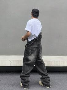 Manfinity EMRG Men Ripped Plain Rapper Basic Slant Pocket Denim Overall Jumpsuit Without Tee, For Going Out Going Out Hang Out Commute Street College