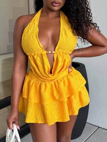 Alexandranx Bộ 2 món áo yếm hở lưng cổ chữ V khoét sâu và chân váy mini cho nữ, họa tiết dệt kim, thích hợp cho ngày lễ, hẹn hò, trà chiều, kỳ nghỉ, lễ hội âm nhạc, phong cách Bohemian, xuân/hè - Màu vàng - Xem 3