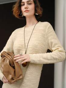 Uhlyne Uhlyne Vestido de punto con cuello redondo, manga larga, unicolor y detalles de cuentas para mujer, adecuado para el uso diario en otoño/invierno - Beis - Ver 7