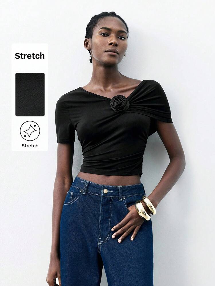 SHEIN Maija Black Asymmetric Ruched 3D Floral Knit Fitted Women Top