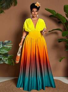 Breezaya Đầm maxi chữ A thắt nơ cổ chữ V họa tiết ombre lãng mạn thanh lịch dành cho nữ, thiết kế đa năng cho các buổi đi chơi, bãi biển, lễ hội âm nhạc, trang phục dự tiệc cưới tốt nghiệp cho khách mời, phong cách công sở thường ngày Boho, thắt nơ eo đàn hồi, du lịch nghỉ dưỡng, váy maxi chữ A mùa xuân/hè/thu - Nhiều màu - Xem 5