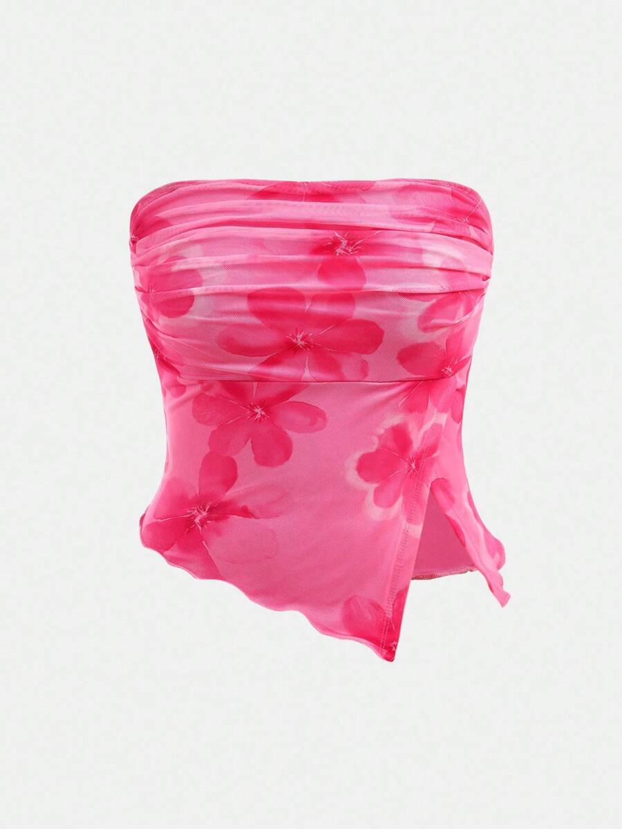 SHEIN 青少年女孩休闲简约舒适花卉印花不对称下摆背心 - 彩色 - 查看 1