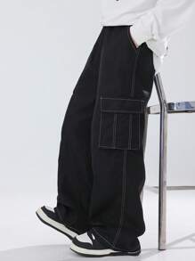 SHEIN Mirajuku 1件青少年男童户外休闲工装裤，顶部缝线设计，适合所有季节户外活动，秋冬季时尚百搭。 - 黑色 - 查看 5