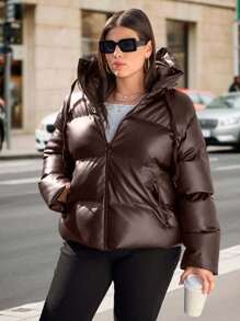 EURMUSE Plus Solid Zip Up Hooded Padded Coat - Coffee Brown - View 5