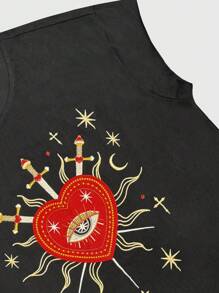 ROMWE MEN Street Life Men's Heart Embroidery Crew Neck Casual Loose Tank Top, 2000s Style - Black - View 4