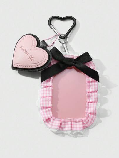 ROMWE Kawaii 1 件风格甜美别致优雅粉色皮革字母心形格子蕾丝丝带蝴蝶结卡包 DIY 钥匙扣包饰，适合办公室职员、学生、日常穿着、节日礼物