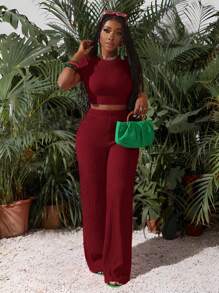 Slaydiva Bộ đồ thể thao giản dị cơ bản mới cho mùa xuân và mùa hè, áo phông ngắn tay cổ tròn + quần ống rộng siêu dài, họa tiết sọc đỏ hồng, vải dệt kim, dành cho nữ, bộ hai mảnh - I - Màu Đỏ Sâu - Xem 7