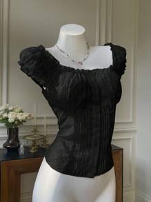 Comfortcana 大码女式黑色单排扣孔眼刺绣衬衫 - 黑色 - 查看 3