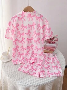 Bộ đồ ngủ cho bé gái tuổi teen, áo sơ mi và quần short in hình bướm màu xanh nhạt, đồ ngủ 2 món thời trang và thanh lịch - Hồng - Xem 2