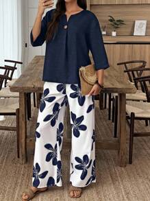 SHEIN PETITE 2pcs Women Casual Solid V-Neck Drop Shoulder Top And Floral Print Pants Set - Navy Blue - View 8