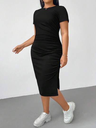 SHEIN Essnce Plus Size Women's Spring And Summer Fashion Cuffs Elastic Comfortable Basic Daily Versatile Short Sleeve Slit Slim Mid-Length Dress,Back To School,Simple Style,Basic Dress,Black Dress
