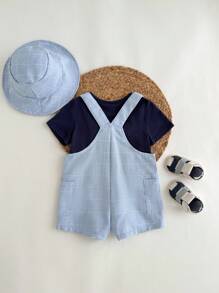 3pcs Baby Boy Casual Holiday Knit Blue T-Shirt, Plaid Overalls, Suspender Pants, Sun Hat Set, Suitable For Birthday Party, Banquet, Performance, Wedding, Month Celebration, Baptism And 1st Birthday, Baby Shower Event - Multicolor - View 2