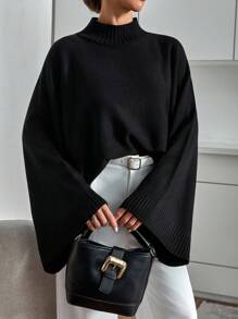 EURMUSE Áo len dệt kim tay cánh dơi màu đen sang trọng với kiểu dáng rộng rãi thoải mái và phong cách tối giản thanh lịch dễ dàng - màu đen - Xem 4