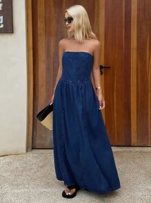 Livesso Vestido de mezclilla de cintura ceñida y longitud media sin tirantes para mujer - Azul - Ver 5