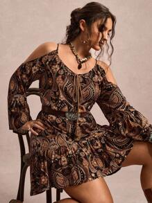 Freevana 大码女式花卉印花露肩喇叭袖时尚连衣裙 - 卡其色 - 查看 4