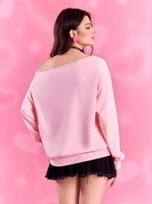 THE POWERPUFF GIRLS X SHEIN 女式不对称领口花朵、泡泡、毛茛花图案长袖运动衫 - 粉色 - 查看 2