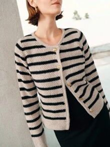 Uhlyne Vintage Style Loose Round Neck Long Sleeve Knitted Brown And Beige Contrast Stripe Metal Button Cardigan For Women, Spring/Autumn/Winter,Minimalist,Work Wear, Office Wear, Teacher Outfits, Back To School, Fall , Neutral Clothes,Business Casual, Old Money Style Knitted Sweater