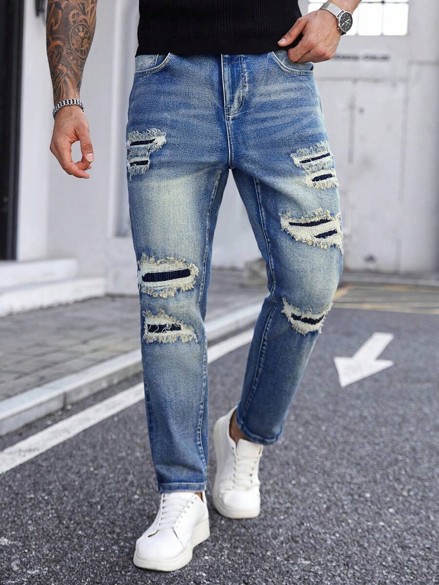 Manfinity LEGND Plus Size Men's Street Fashion Casual Patchwork Ripped Straight Slim Fit Blue Jeans - Medium Wash - View 1