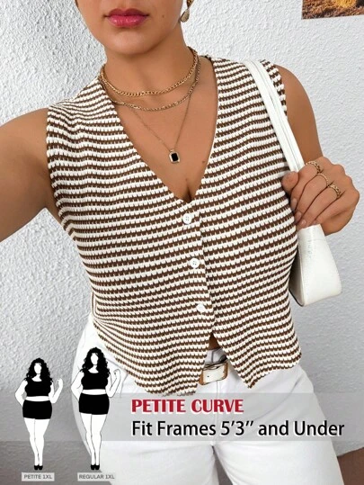 SHEIN PETITE CURVE 加大码波西米亚风前扣无袖条纹简约休闲上衣，日常穿着